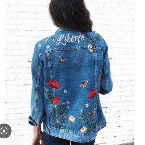 H&M Embroidered Denim Jacket Size 6 Liberte Poppy Flowers Festival  Boho